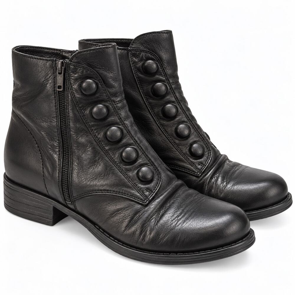 Miz Mooz Louise Black Leather Button Ankle Boots Women's EU 39